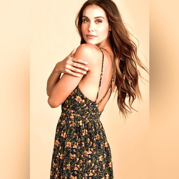 Lulu's Black Floral Maxi Dress Navy with Gold and Green Print - Picture 2 of 13